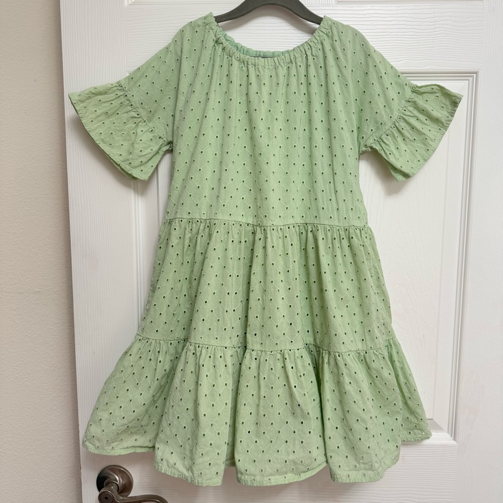 Gymboree Light Green Embroidered Eyelet Cotton Dress, lined, ruffles, large